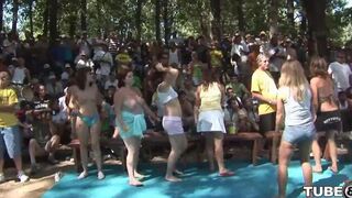 Appetizing girl has fun with someone in the forest