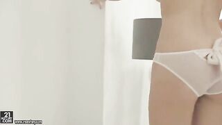 Skinny blonde girl wanking her hairy cunt with intense pleasure