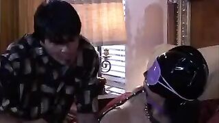 The mistress plays a BDSM game with her slave using her big tits