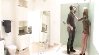 The wife has fun with plumber while her husband was at work