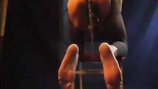 The guy stood on cancer and clogged his dick in pantyhose