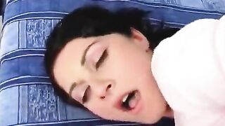 Brunette woman got a lot of sperm on her face after anal sex