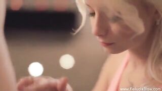 A sexy blonde makes a blowjob in the studio