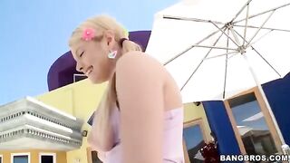 A blonde girl swallows a long dick in this steamy POV scene