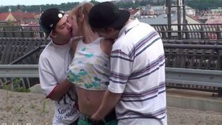 Amateur brunette with natural tits in hot threesome action