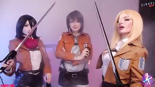 Cosplay threesome with Mikasa, Sasha, and Historia, getting their wet pussies licked and fucked - CUT version