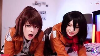Cosplay threesome with Mikasa, Sasha, and Historia, getting their wet pussies licked and fucked - CUT version