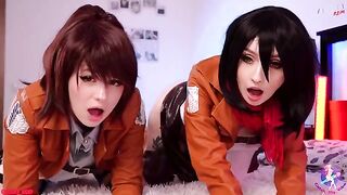 Cosplay threesome with Mikasa, Sasha, and Historia, getting their wet pussies licked and fucked - CUT version
