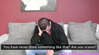 The chick made the guy do a blowjob at the casting on the couch