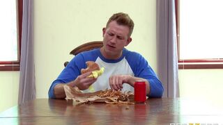 A wife got fucked by a cucumber while her husband watched