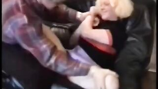 Bikers have hard sex on the couch in a homemade scene