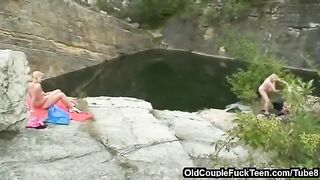 A mother and daughter share dad's penis while sucking it together