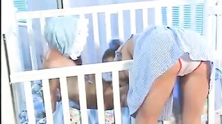A small babysitter with natural tits is being fucked by a midget