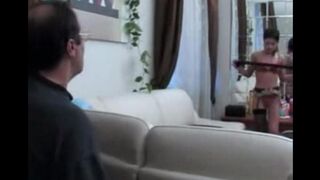 The chick remains in her clothes and has sex with a guy