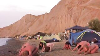 A volleyball game with a naked girl on the beach is very interesting