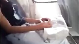 A handsome guy masturbates his dick while the pretty babe is looking