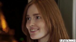The guy thoroughly licked the ginger hair of his girlfriend on the bed