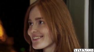 The guy thoroughly licked the ginger hair of his girlfriend on the bed