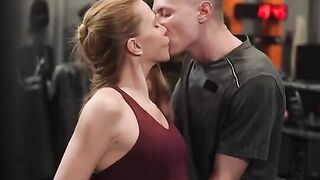 The man in the middle of anal training with a natural redhead