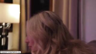 Busty porn star Kayley Gunner gives the fan a foot job through stockings