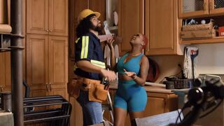 A role play with a girl in a uniform in the kitchen