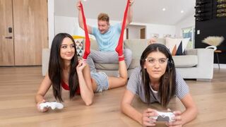 A hot gamer has sex with his girlfriend in the room with roommates