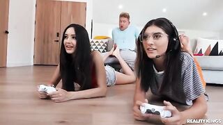 A hot gamer has sex with his girlfriend in the room with roommates