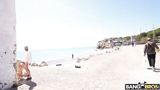 Bald guy fucks blonde in crazy poses on the beach
