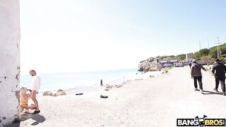 Bald guy fucks blonde in crazy poses on the beach