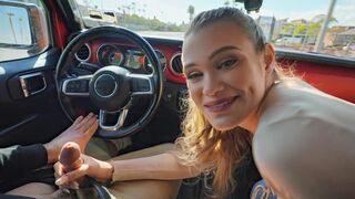 Handjob in the car with a risk of being caught