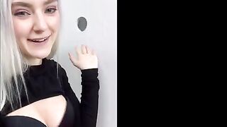 Girl came to try on clothes, got fucked through the glory hole and received a huge cumshot on her face