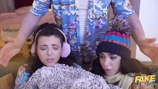 Their wet pussies get splashed with cum in a steamy threesome encounter