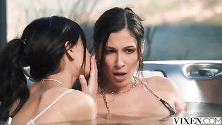 A hot brunette girl has sex with her girlfriend in paradise