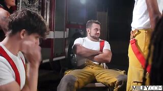 These guys can put out any fire. A hot group sex session in clothes