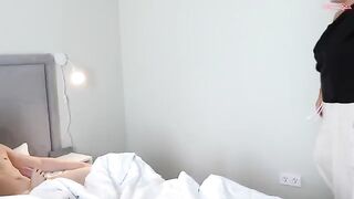 A cute girl bounces on a big mom, getting her pussy eaten