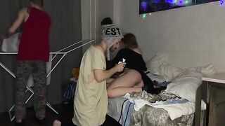The cute girl was fucked by two friends at a party