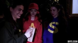 The girl is having sex with four guys at the same time