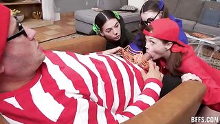 The girl is having sex with four guys at the same time