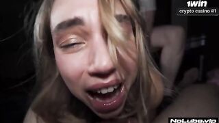 The girl is disoriented after intense sex and needs a minute to recover