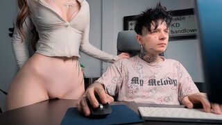 The girl caresses the cock through her panties with her pussy