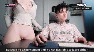 The girl caresses the cock through her panties with her pussy