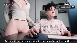 The girl caresses the cock through her panties with her pussy
