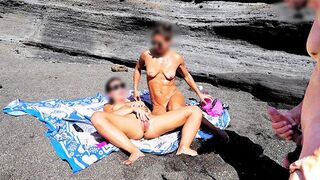A girl removes her swimsuit and rubs herself while a guy jerks off watching