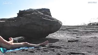 A girl removes her swimsuit and rubs herself while a guy jerks off watching