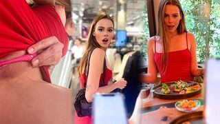 A petite girl almost gets caught while using a vibrator in public