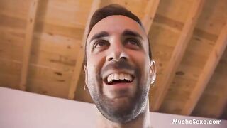 Blonde beauty gets her natural tits cum on the floor