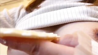 A girl with big boobs masturbates her nipples to reach orgasm