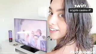 The cute girl met a delivery guy and invited him in