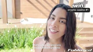 The cute girl met a delivery guy and invited him in