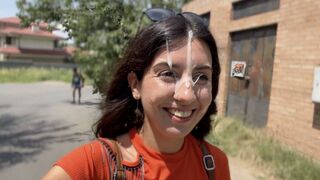 A huge cumshot on the girl’s face during a risky public act